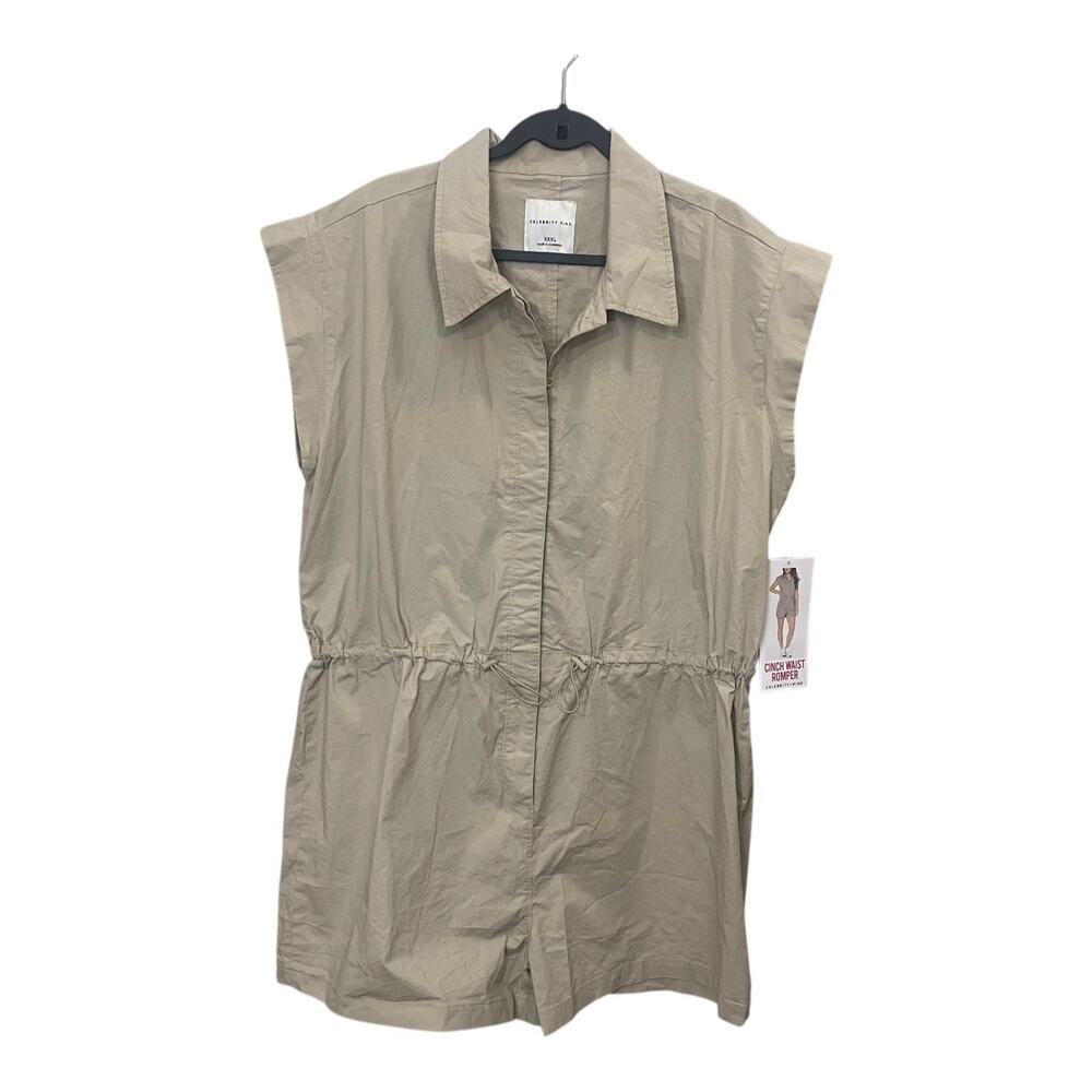 CELEBRITY PINK Romper Shorts Beige Safari Sz XXXL Cinch Waist Button Up NWT